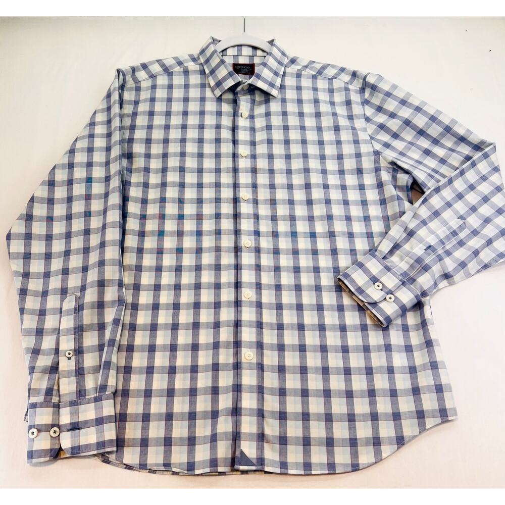 UNTUCKit Men's L Blue White Plaid Long Sleeve Button-Up Shirt Cotton Wrinkle-Fr…